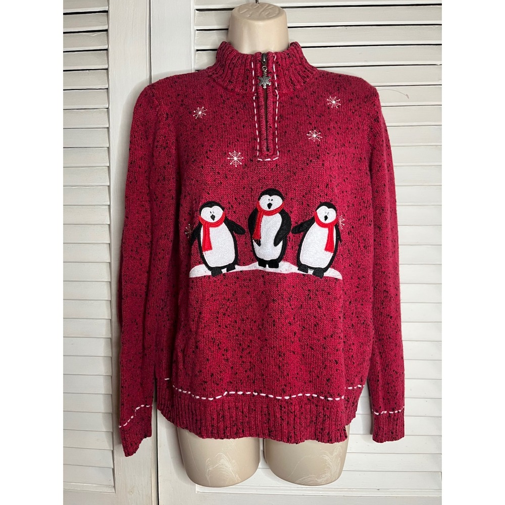 Vtg 80s Christopher Banks Red Penguin Snowflake Hand Embroidered Sweater L